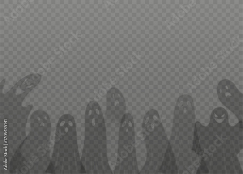 Scary ghost shadows vector background, cartoon spooky phantom silhouettes, dead soul, Halloween monster specters flying