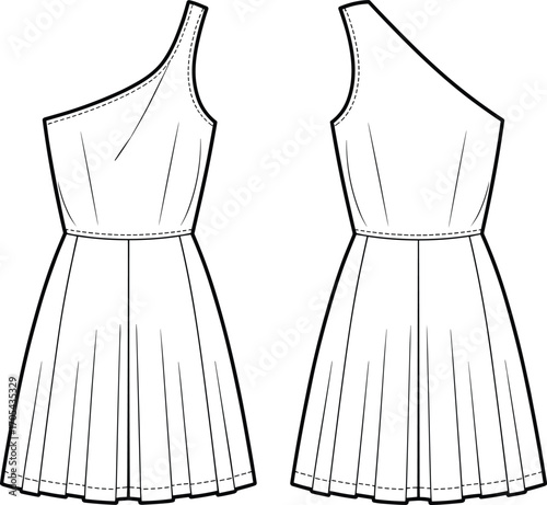 One shoulder pleated mini dress flat sketch, fashion CAD drawing for clothing designers, garment development, vector technical illustration.