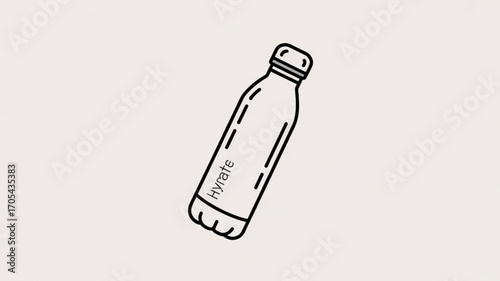 Minimalist line art of a reusable water bottle with the word hydrate on it, , perfect for ecofriendly themes
