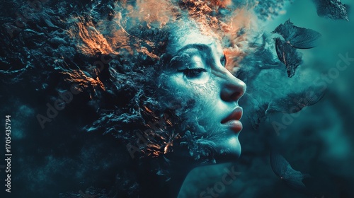 A woman's face emerges from a swirling mass of smoke and water, with birds flying overhead, creating a surreal and dreamlike image.