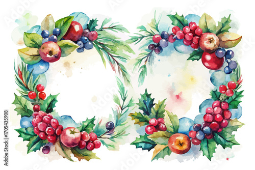 Watercolor Christmas wreaths berries 