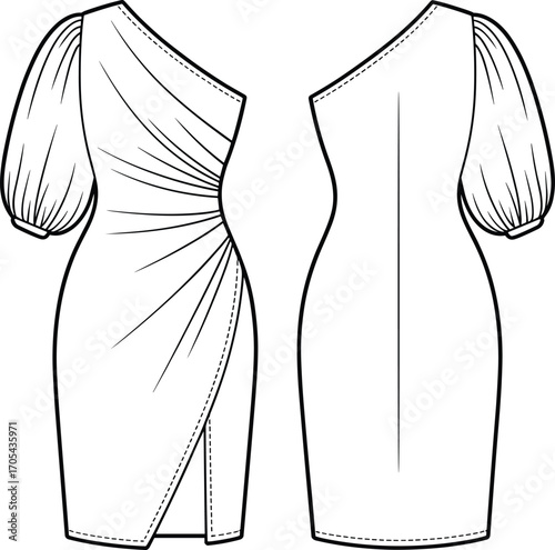 One-shoulder puff sleeve dress CAD flat sketch with front draping and slit, elegant fashion design for garment production use.