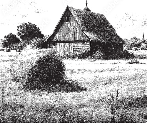 Village house and landscape illustration on a white background. This vector illustration can be used in any size you like for advertising, logos, and other work.