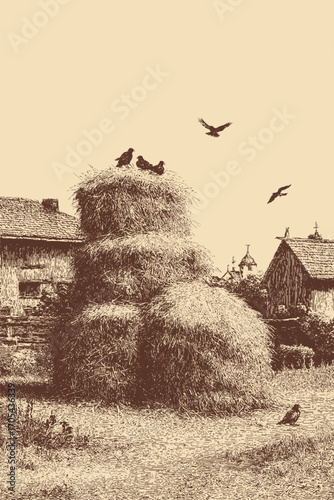 Village house and landscape illustration in a vintage style. This vector illustration can be used in any size you like for advertising, logos, and other work.