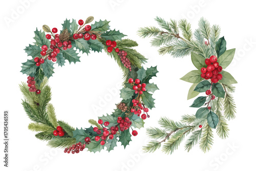 Watercolor Christmas wreaths berries 
