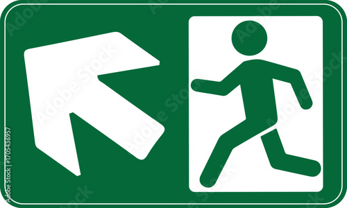 A green emergency exit sign with a pictogram of a running person and a large white arrow indicating the escape route direction.