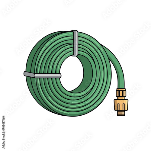 Green garden hose coiled and ready for use.