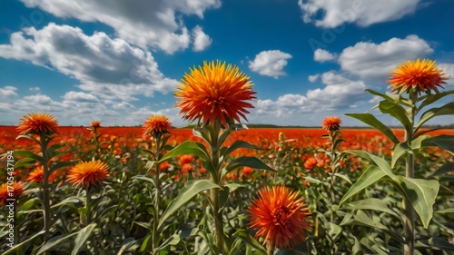 Vibrant safflower field under blue sky, golden blossoms in full bloom, natural agriculture landscape with colorful floral farming scenery