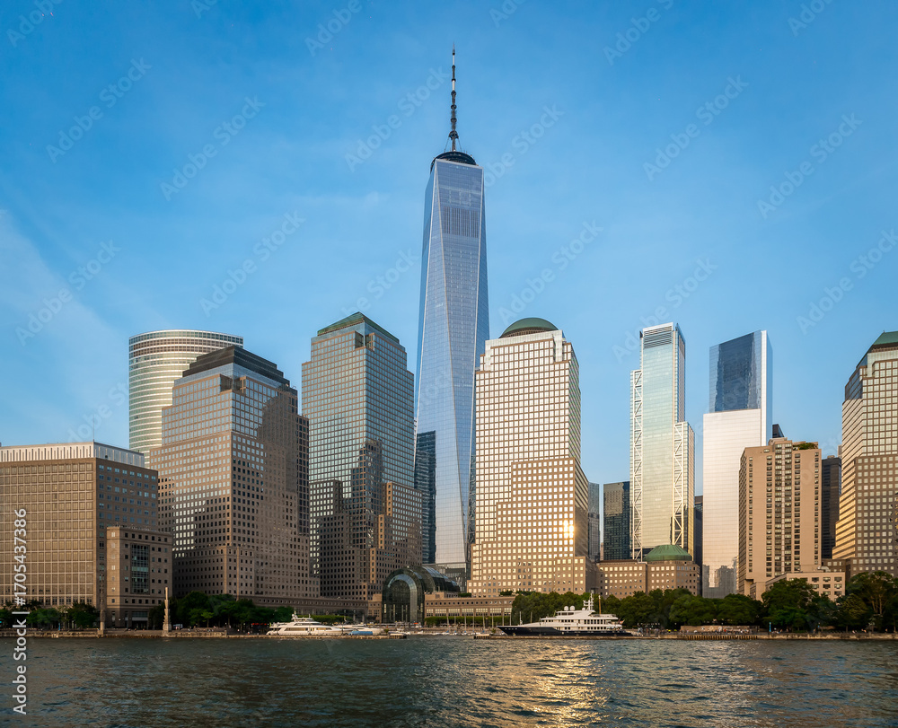 Obraz premium Manhattan skyline with tall skyscrapers and clear blue sky. The skyline of Manhattan with tall skyscrapers under clear blue sky during daytime.