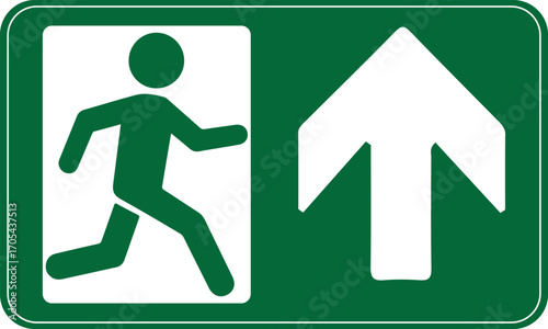 Green emergency exit sign with a running person pictogram and an upward arrow indicating the escape route is straight ahead.