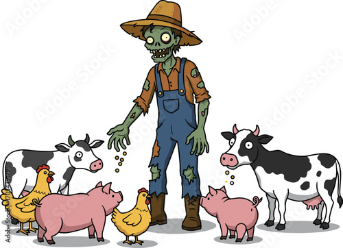 Funny cartoon zombie farmer surrounded by cows, pigs, and chickens feeding livestock, perfect for spooky Halloween agricultural or horror-themed vector illustrations.Funny cartoon zombie farmer 
