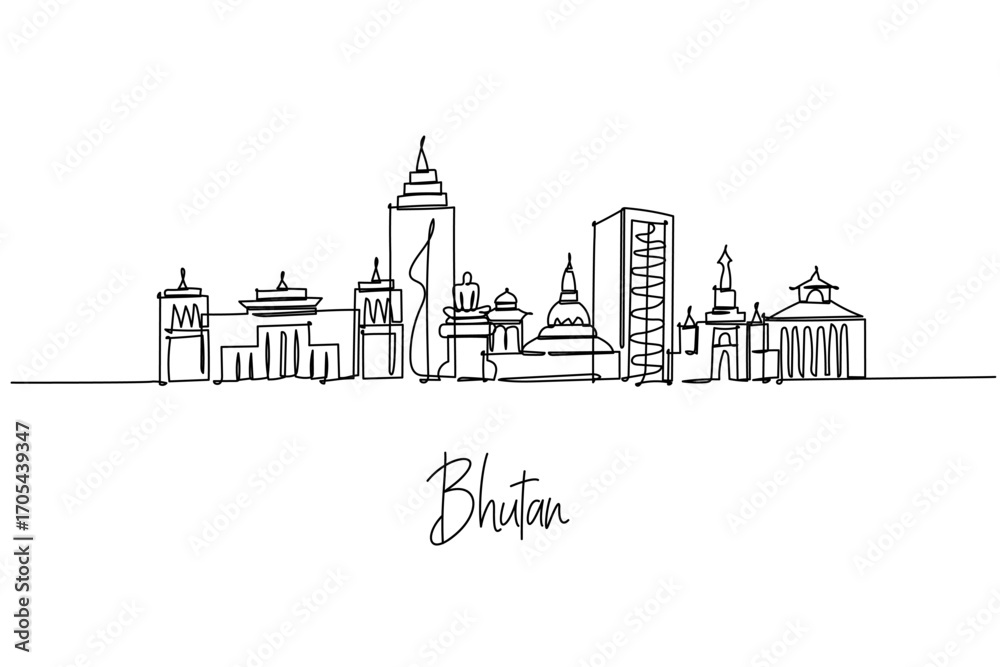 Fototapeta premium Bhutan skyline rendered as a one line drawing, a city skyline concept with Thimphu and Paro forms, highlighting Tashichho Dzong and Memorial Chorten to reflect Bhutan culture theme in minimal style.