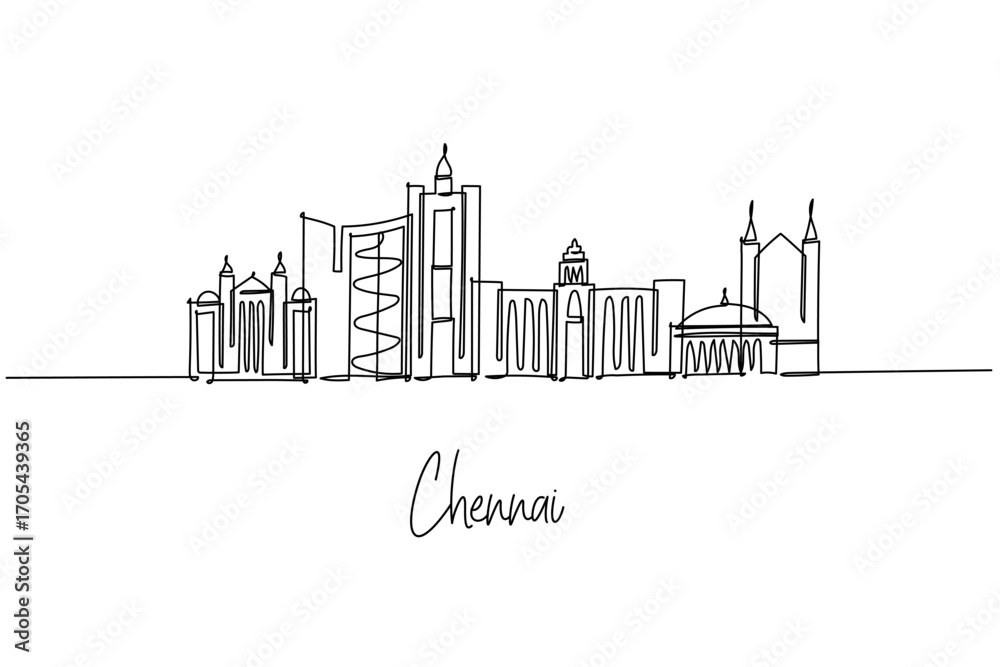 Fototapeta premium Chennai city skyline shown as a continuous line drawing, a concept with Tamil Nadu theme highlighting Marina Beach, Kapaleeshwarar Temple, Fort St George and Santhome Basilica in clean minimal lines.