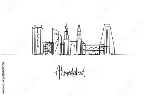 Ahmedabad skyline shown as a continuous line drawing, a city skyline concept with Gujarat theme with Sabarmati Riverfront, Sidi Saiyyed Mosque and Atal Bridge captured in minimal lines.