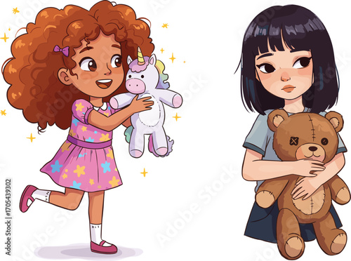 Two little girls holding stuffed toys, curly girl happily playing with unicorn plush, sad girl clutching teddy bear, colorful cartoon children vector illustration.