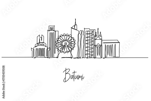 Batumi city skyline illustrated as a single line drawing, a city skyline concept with Black Sea theme featuring Alphabet Tower, Piazza, ferris wheel and towers outlined with modern minimal strokes.