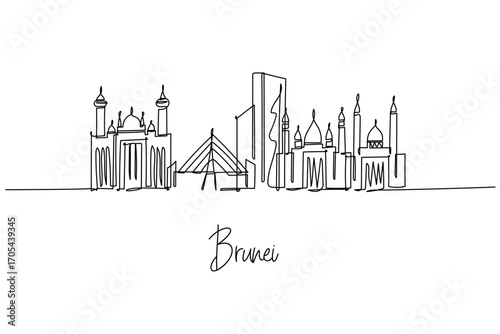 Brunei skyline in a continuous line drawing, a city skyline concept featuring Bandar Seri Begawan theme with Sultan Omar Ali Saifuddien Mosque and a modern bridge shown in refined minimal lines.