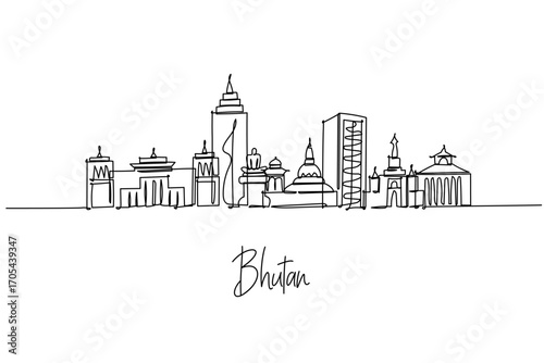 Bhutan skyline rendered as a one line drawing, a city skyline concept with Thimphu and Paro forms, highlighting Tashichho Dzong and Memorial Chorten to reflect Bhutan culture theme in minimal style.