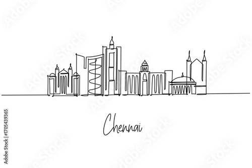 Chennai city skyline shown as a continuous line drawing, a concept with Tamil Nadu theme highlighting Marina Beach, Kapaleeshwarar Temple, Fort St George and Santhome Basilica in clean minimal lines.