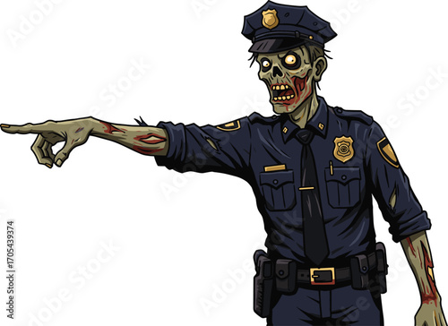 Zombie police officer in tattered uniform pointing finger aggressively, Halloween cartoon horror character concept for undead law enforcement, patrol, and creepy costume themeZombie police officer in 