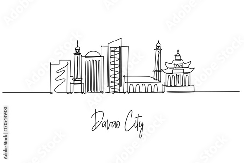 Davao City skyline illustrated as a continuous line drawing, a city skyline concept featuring Mindanao theme with San Pedro Cathedral, Peoples Park and Chinatown landmarks simplified into clean lines.