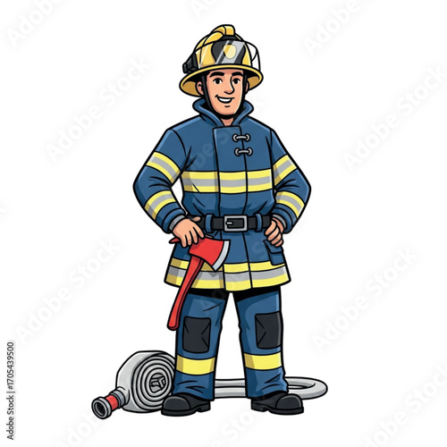 Firefighter in Uniform with Axe and Hose.