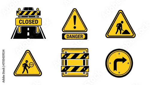 Black and Yellow Road Construction Icons – Closed Road, Danger, Warning, Safety Sign Set