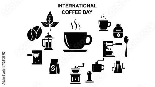 Black Coffee Icons – International Coffee Day Symbol Set of Vector Designs