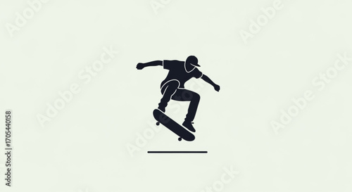 Dynamic skateboarder silhouette in mid-air, catching air with stylish jump, perfect for extreme sports branding, urban lifestyle designs, and youth culture marketing initiatives, action lifestyle