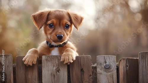 Adorable puppy with a curious expression peeking over a wooden fence against a blurred background