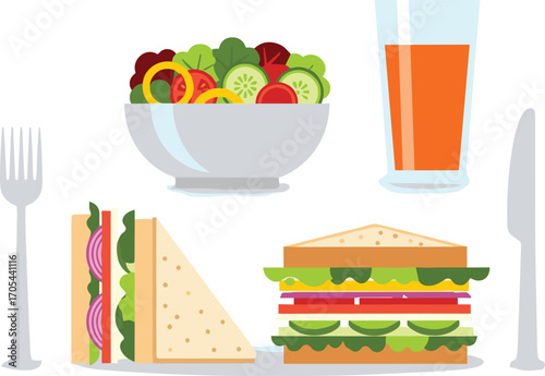 Flat Vector Lunch Set with Sandwich, Salad, and Juice.