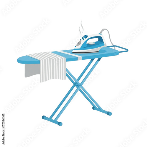 Blue Ironing Board with Iron and Towel.