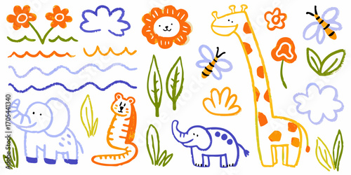 Cute hand drawn safari animals and nature elements for kids design