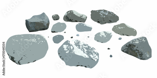 A collection of various sized grey and white textured rocks scattered on a clean white background