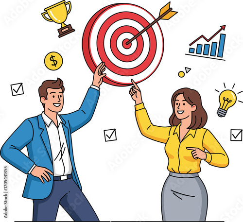 Successful business team pointing at target, hitting business goals, celebrating achievement, growth, innovation, teamwork, motivation, strategy, and career success