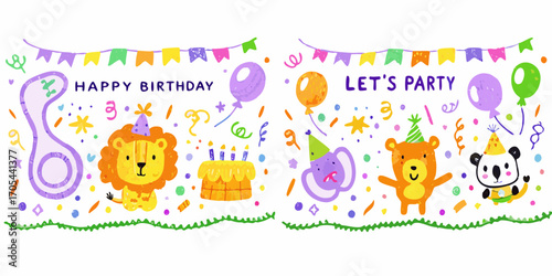 Cute cartoon animals celebrating a happy birthday with cake and balloons in a festive party scene