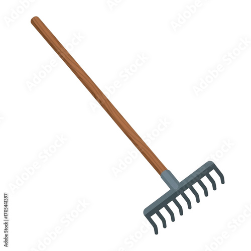 Gardening tool rake with wooden handle.