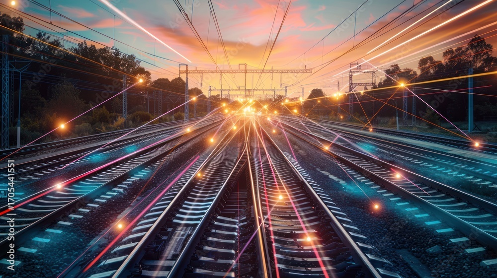 Fototapeta premium Dynamic railway tracks illuminated with vibrant trails against a twilight backdrop