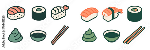 Collection of Japanese sushi, maki, nigiri, wasabi, soy sauce, and chopsticks for Asian cuisine