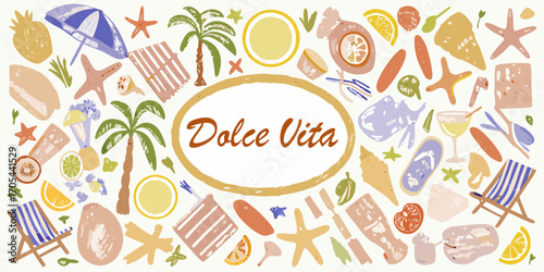 Dolce vita summer beach vacation vibes with tropical fruits and seaside elements