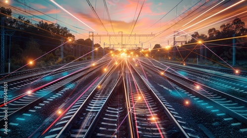 Dynamic railway tracks illuminated with vibrant trails against a twilight backdrop