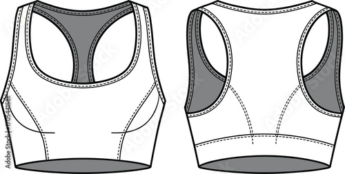 Sports bra technical flat sketch with racerback, activewear CAD vector drawing for gym wear, workout top design template.