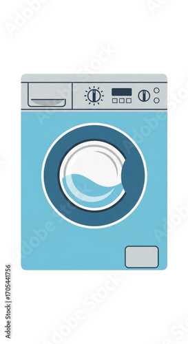 Front view of a blue washing machine with a clear glass door showing water inside.
