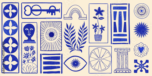 Abstract blue line art elements on cream background collage of geometric shapes and organic forms
