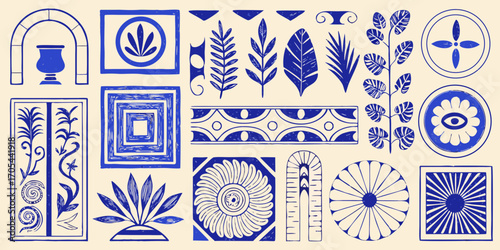 Collection of abstract blue graphic elements and botanical motifs on a cream background