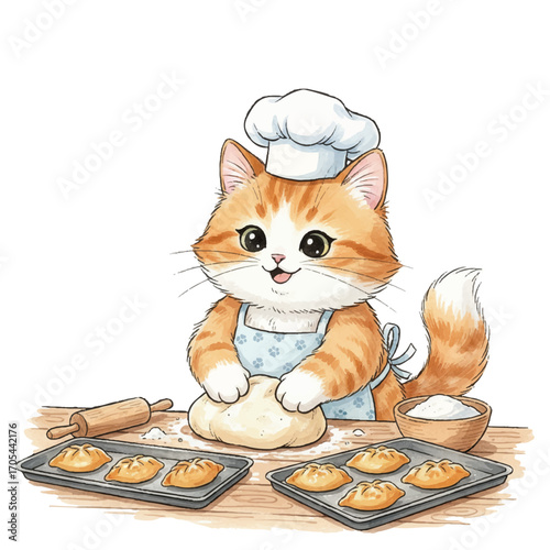 Cute cat wearing a chef hat and apron kneads dough on a wooden table. The character is surrounded by kitchen utensils and little baked pies. The cat is making delicious pies.