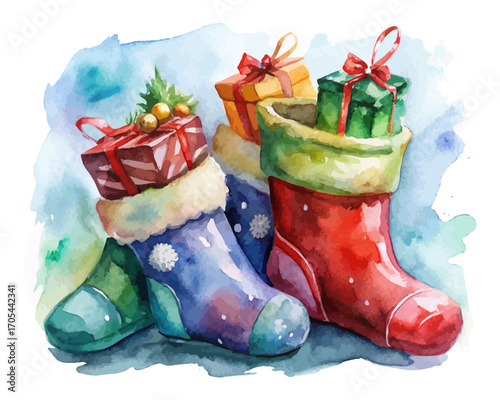 Watercolor Christmas stockings with gifts 