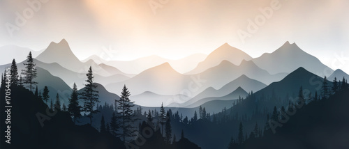 Sunrise in the mountains, wild forest, misty silhouettes of ridges, vector illustration