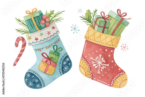 Watercolor Christmas stockings with gifts vector illustration isolated on white background