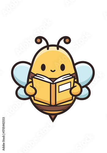 This adorable cartoon bee, with its friendly smile and delicate wings, is diligently engrossed in a fascinating book, symbolizing learning and knowledge.